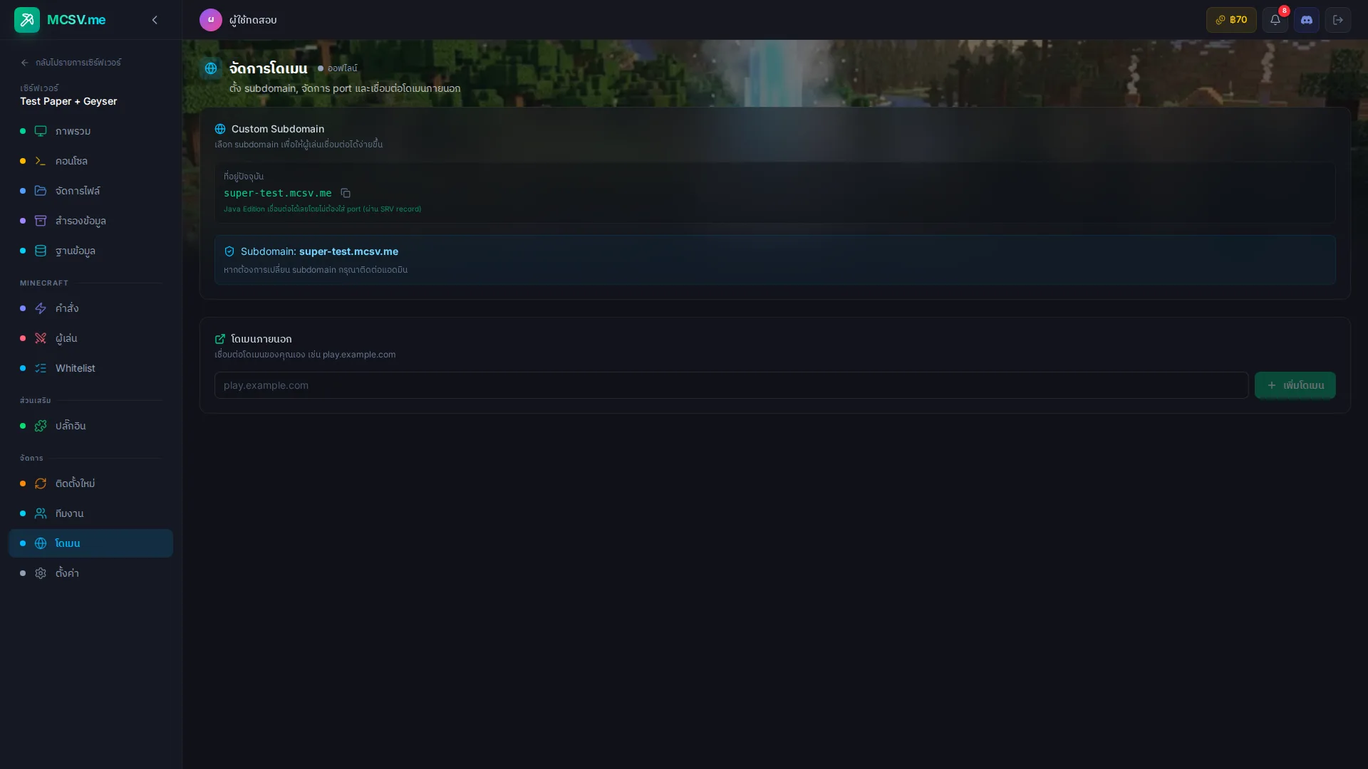 หน้าจัดการโดเมน